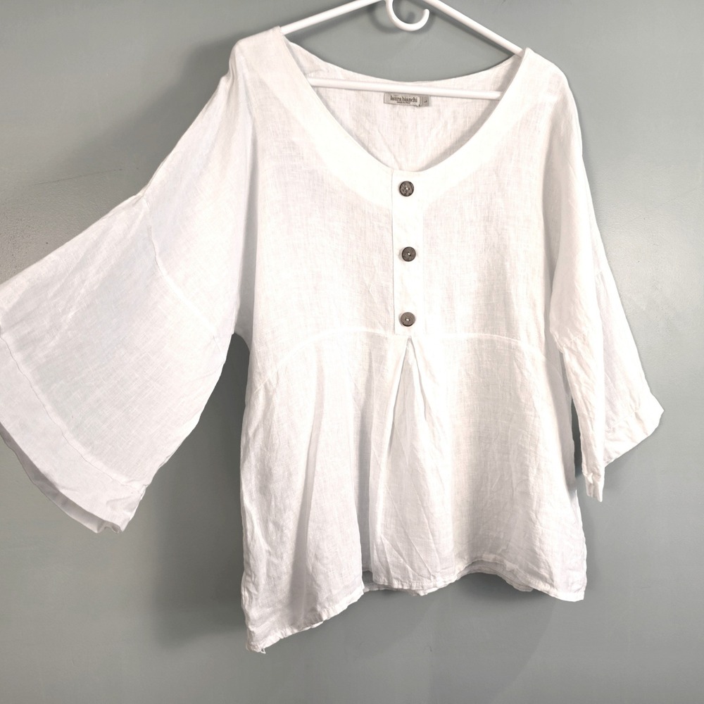 Laura Bianchi Italy White 100% Linen V-Neck Button Top Boho Blouse L ART.00549